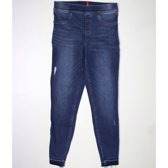 Spanx High Waist Denim Jeans Jegging Dark Wash Stretch Raw Hem Women Size M (J4) - Picture 1 of 11